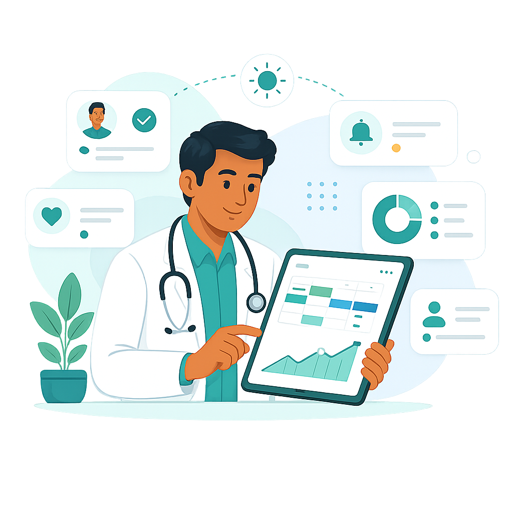 A doctor reviewing the clinic dashboard on a tablet